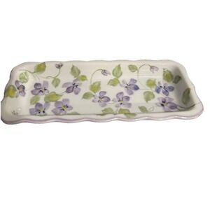 Vintage Andrea By Sadek Rectangular Trinket Dish Hand Painted Violets 3.5x9"